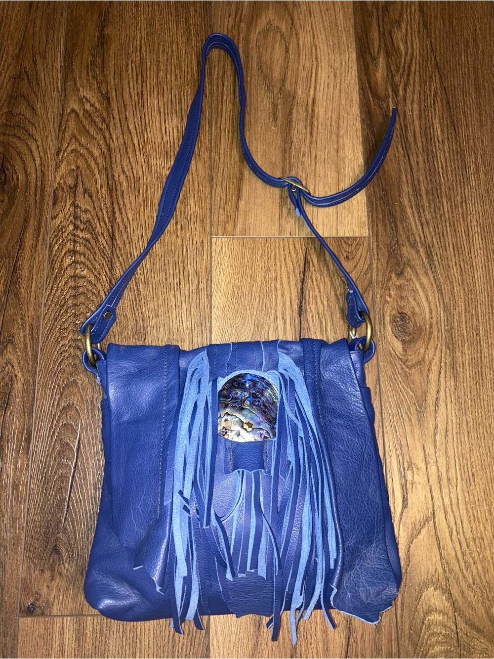 Blue leather Fringe Crossbody Bag with Shell Accent new with tags hand made